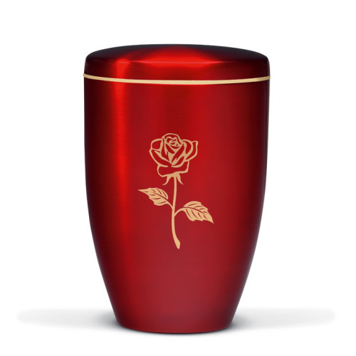 Stahlurne in Weinrot mit goldener Verzierung einer modernen Rose und einem goldenen Band am oberen Rand, in Gesamtansicht.