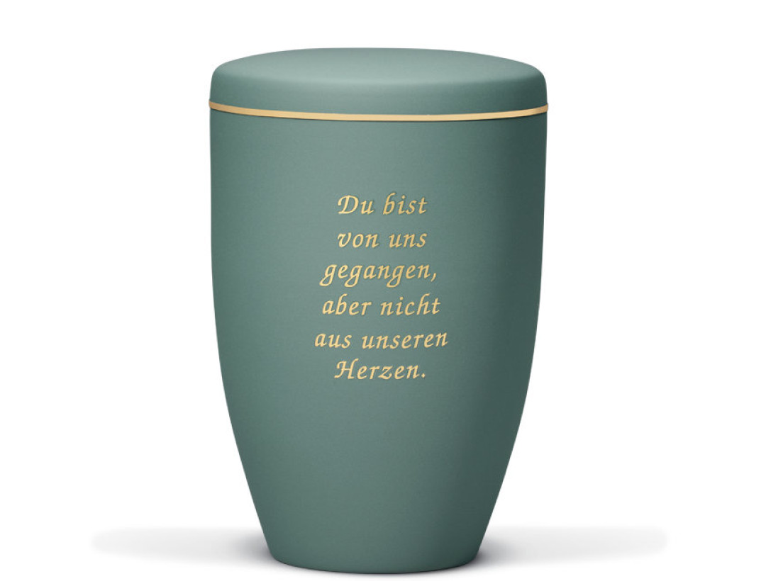 Stahlurne, Olivegrün Velours m. Goldband u. Trauertext 2