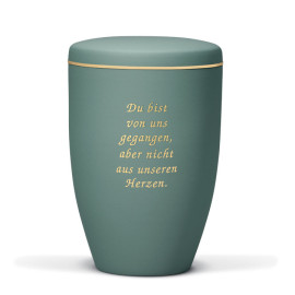 Stahlurne, Olivegrün Velours m. Goldband u. Trauertext 2