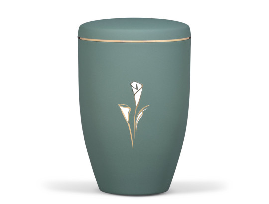 Stahlurne, Olivegrün Velours, Calla Gold-Weiß mit Goldband
