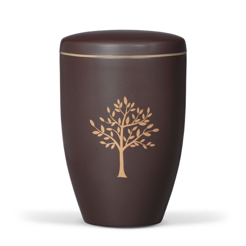 Stahlurne in Fume Braun mit goldfarbenem Band und modernem Baum-Motiv, in einer Gesamtansicht mit konischer Form und mattem Finish.