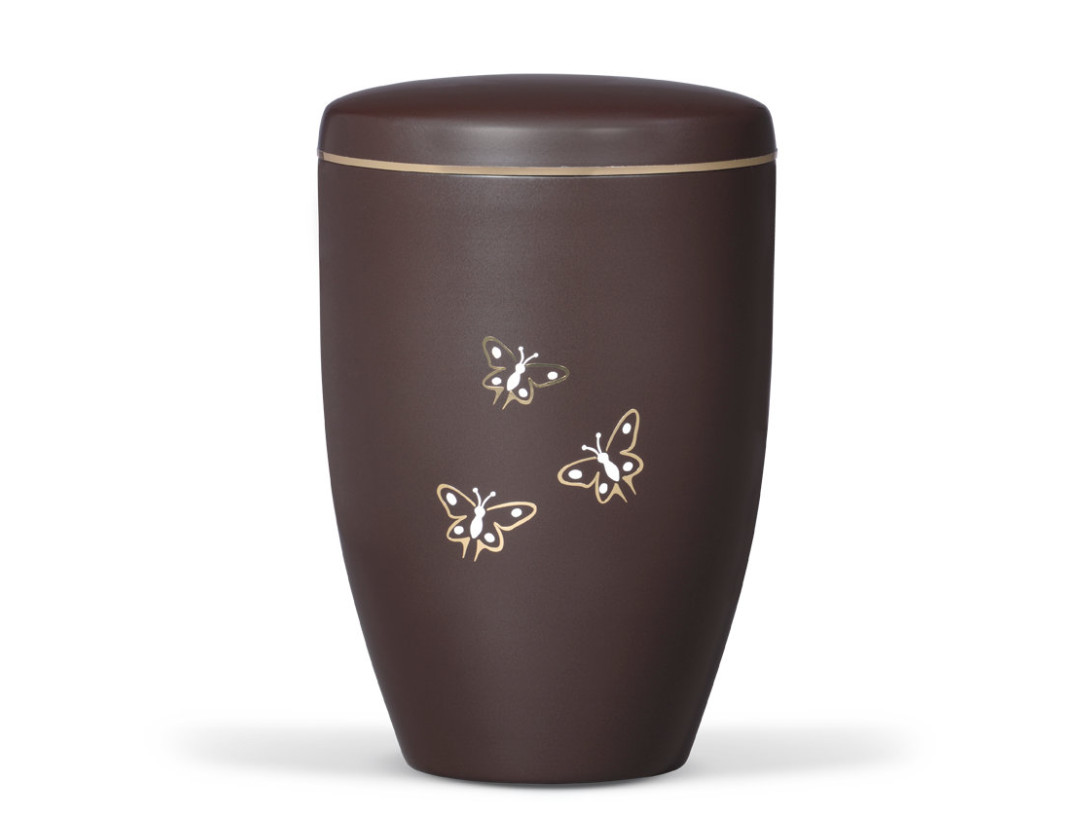 Stahlurne, Fume Braun, Goldband, Schmetterlinge (Gold/Weiß)