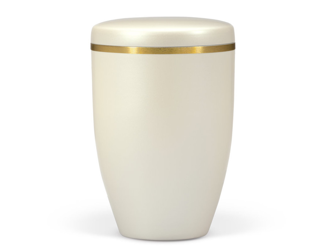 Stahlurne, Cremeweiß Perlmutt, Goldband gebürstet