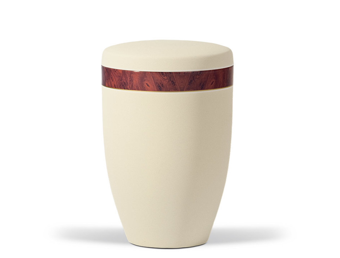 Stahlurne, Hell Beige Velours, Dekorband:  Ahorn Holzoptik