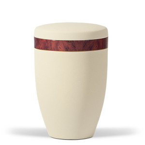Stahlurne, Hell Beige Velours, Dekorband:  Ahorn Holzoptik