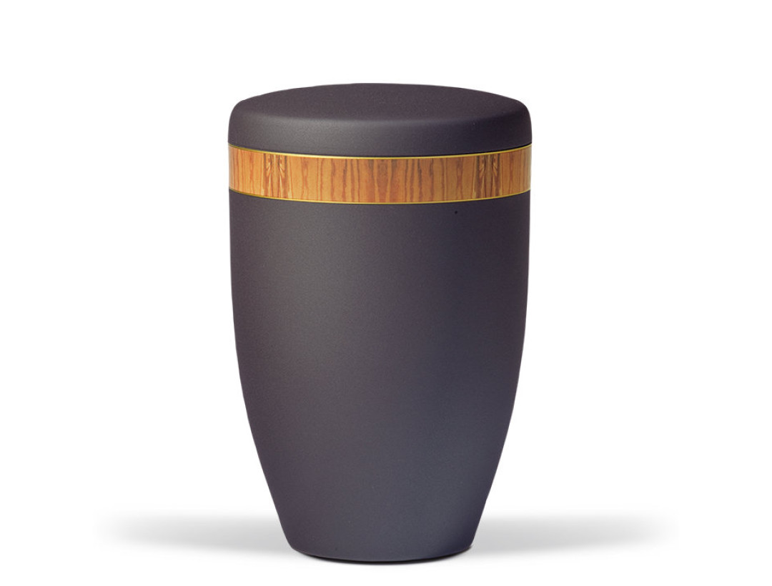 Stahlurne, Anthrazit Velours, Dekorband: Buche Holzoptik