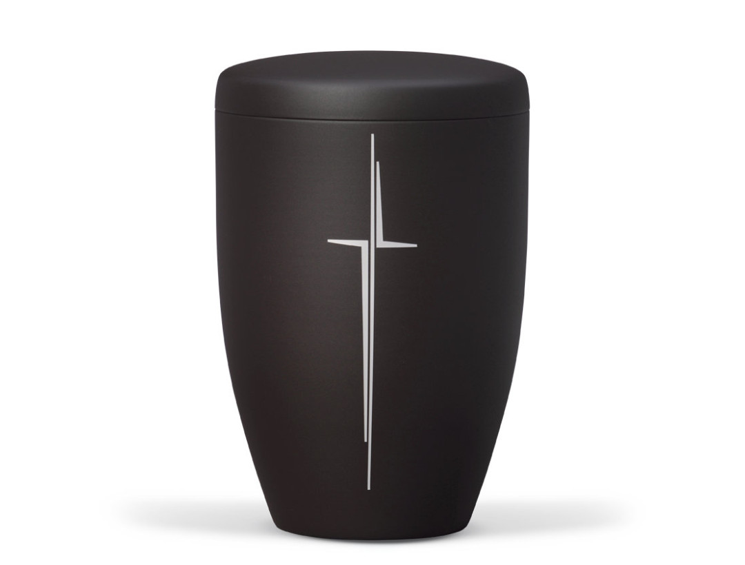 Stahlurne, Anthrazit Velours, Modernes Kreuz Matt Silber