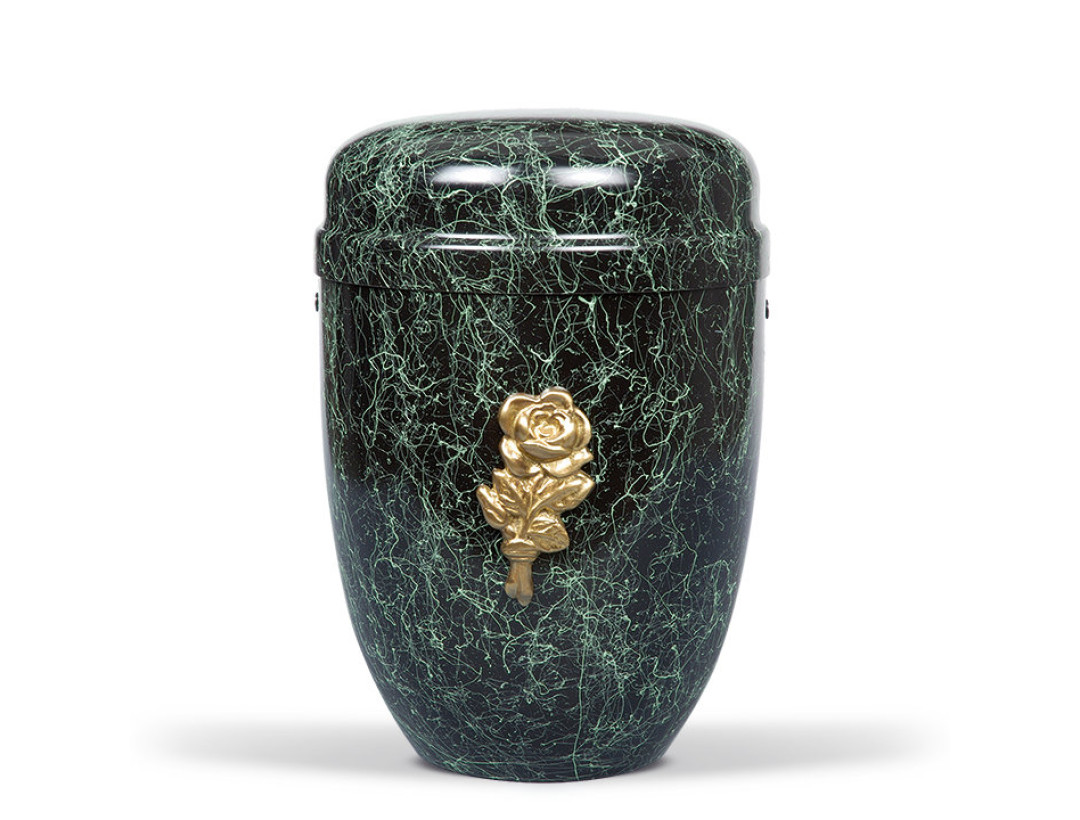 Stahlurne, Grün patiniert, Mess. Rosenblüte