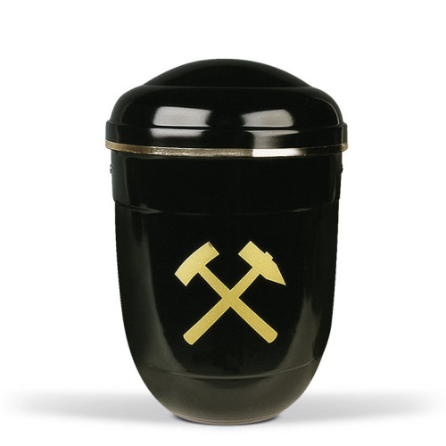Stahlurne in Schwarz mit goldfarbenem Bergmannsmotiv, runde Form und gewölbter Deckel, Gesamtansicht.
