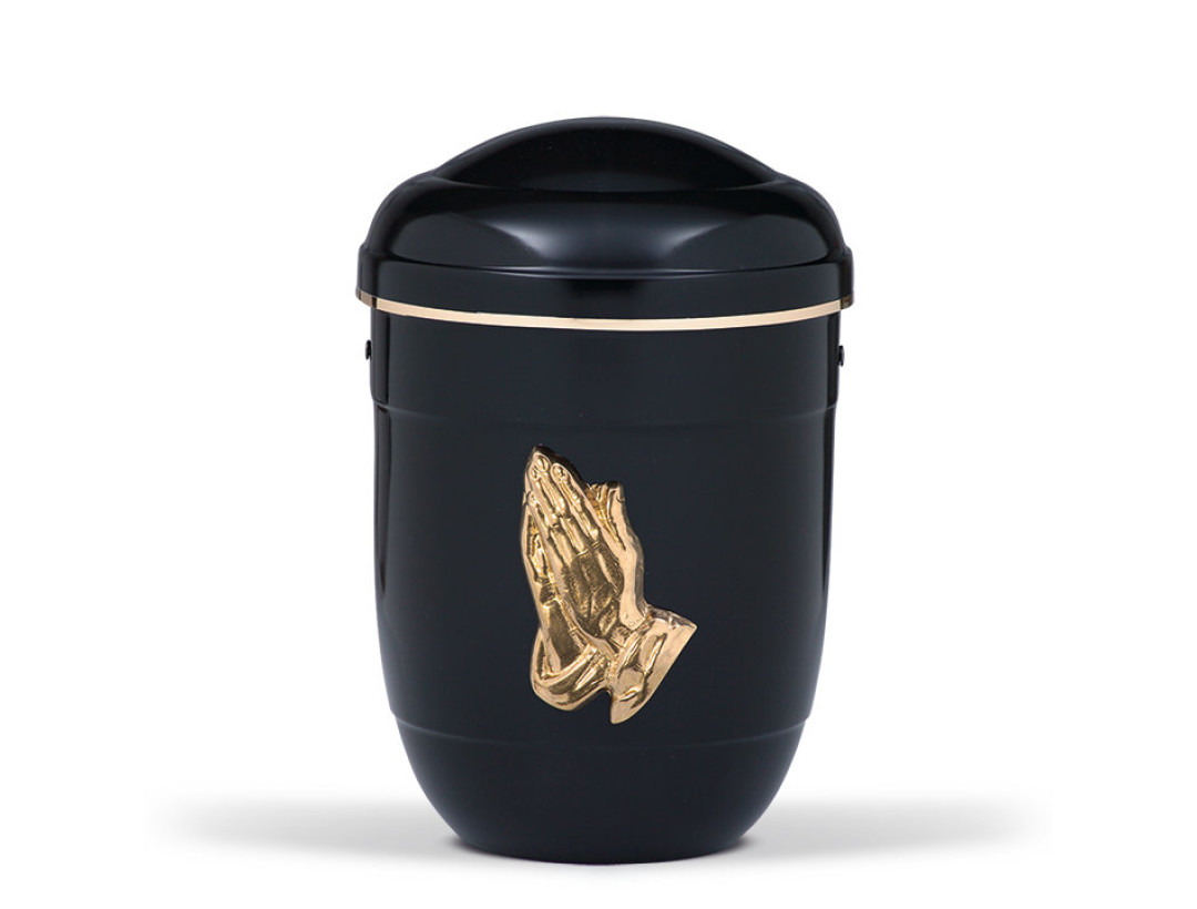 Stahlurne, Schwarz, Mess. Betende Hände poliert, Goldband