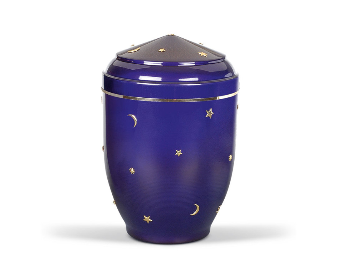 Stahl-Kleinurne, Kobalt-Blau, Sonne, Mond, Sterne u. Goldband
inkl. Versenknetz