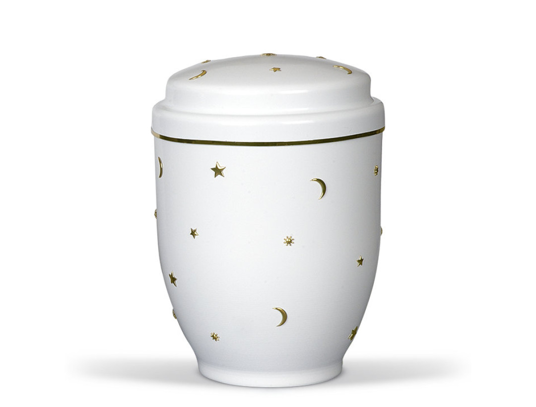 Stahl-Kleinurne Stahl, Cremeweiß, Sonne, Mond, Sterne u. Goldband
inkl. Versenknetz