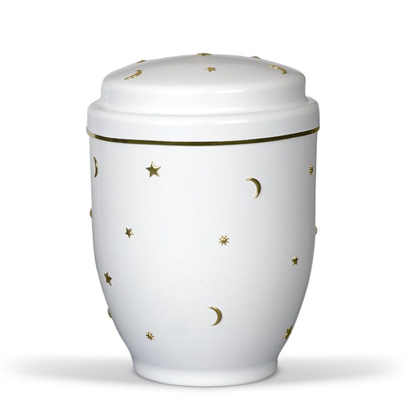 Kleinurne aus cremeweißem Stahl mit goldenen Motiven von Sonne, Mond und Sternen sowie einem goldenen Band, in Gesamtansicht dargestellt.