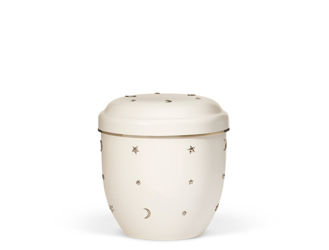 Naturstoff Kleinurne, Cremeweiß Sonne, Mond u. Sterne, Goldband Verschlußdeckel,H:ca.18cm/D:ca.17cm inkl. seitl. Versenkbändern