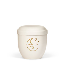 Naturstoff Kleinurne, Cremeweiß Dekor Mond u. Sterne Goldfarbig Verschlußdeckel,H:ca.18cm/D:ca.17cm inkl. seitl. Versenkbändern
