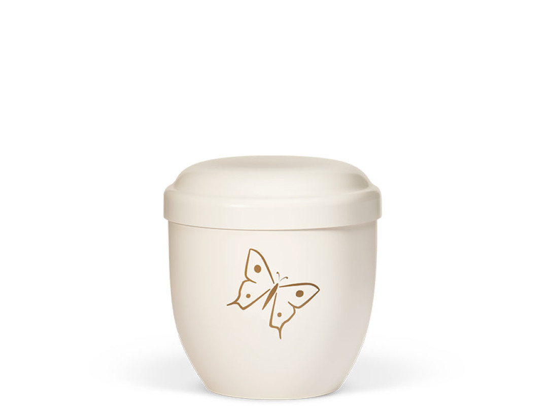 Naturstoff Kleinurne, Cremeweiß Dekor Schmetterling Goldfarbig Verschlußdeckel,H:ca.18cm/D:ca.17cm inkl. seitl. Versenkbändern