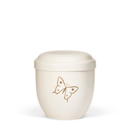 Naturstoff Kleinurne, Cremeweiß Dekor Schmetterling Goldfarbig Verschlußdeckel,H:ca.18cm/D:ca.17cm inkl. seitl. Versenkbändern
