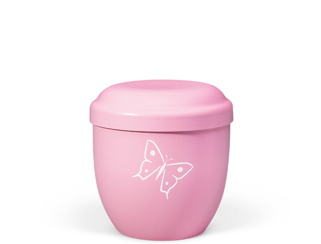 Naturstoff Kleinurne, Rosa, Dekor Schmetterling Weiß Verschlußdeckel,H:ca.18cm/D:ca.17cm inkl. seitl. Versenkbändern