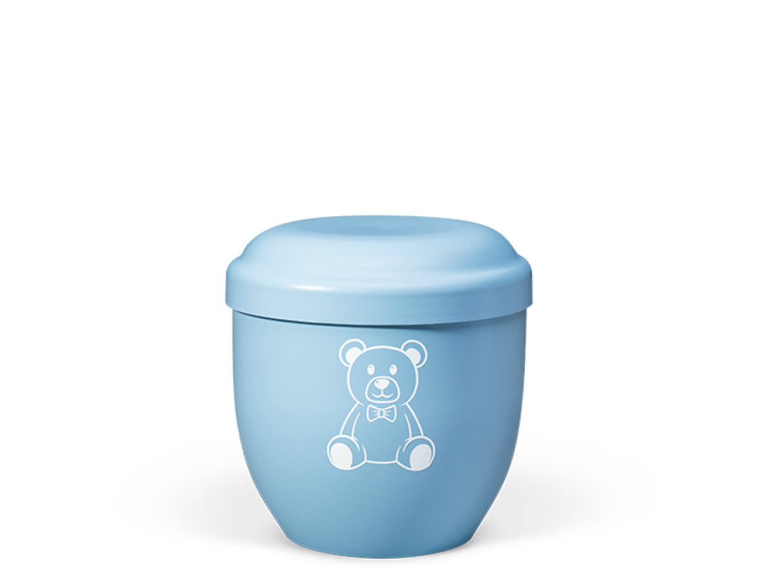 Naturstoff Kleinurne, Himmelblau Dekor Teddybär weiß Verschlußdeckel,H:ca.18cm/D:ca.17cm inkl. seitl. Versenkbändern
