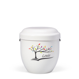 Naturstoff Kleinurne, Cremeweiß Dekor Baum mit Name
(Name individualisierbar)
Verschlußdeckel