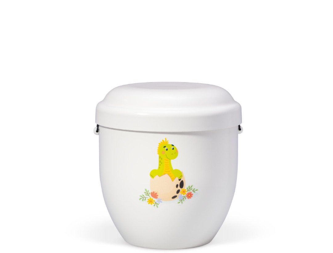 Naturstoff Kleinurne, Weiß Matt Dekor Dino im Ei Verschlußdeckel,H:ca.18cm/D:ca.17cm inkl. seitl. Versenkbändern