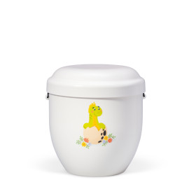 Naturstoff Kleinurne, Weiß Matt Dekor Dino im Ei Verschlußdeckel,H:ca.18cm/D:ca.17cm inkl. seitl. Versenkbändern