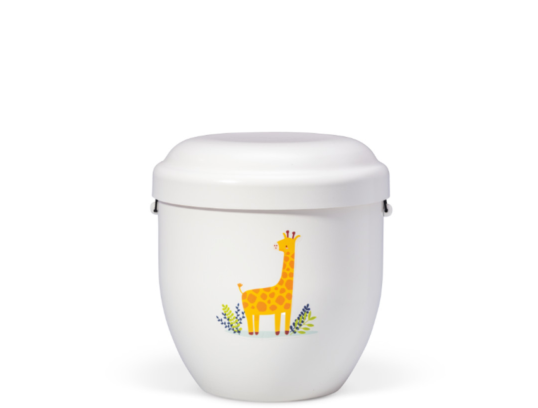 Naturstoff Kleinurne, Cremeweiß Dekor Giraffe Verschlußdeckel,H:ca.18cm/D:ca.17cm inkl. seitl. Versenkbändern