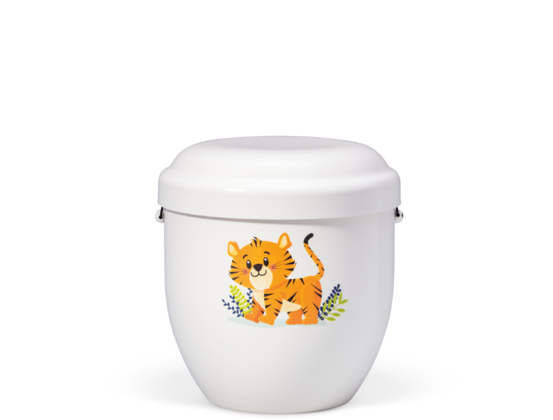 Naturstoff Kleinurne, Cremeweiß Dekor Tiger Verschlußdeckel,H:ca.18cm/D:ca.17cm inkl. seitl. Versenkbändern