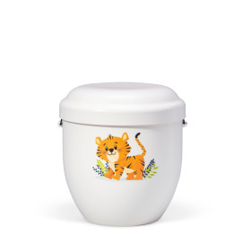 Naturstoff Kleinurne, Cremeweiß Dekor Tiger Verschlußdeckel,H:ca.18cm/D:ca.17cm inkl. seitl. Versenkbändern