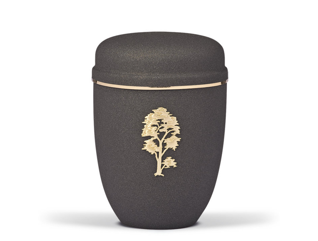 Stahlurne, Grau Anthrazit Velours Antik Design Stripdome Baum, Goldband