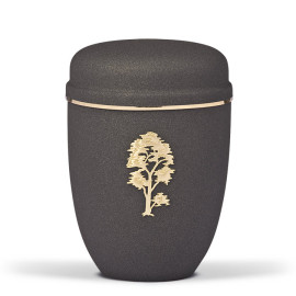 Stahlurne, Grau Anthrazit Velours Antik Design Stripdome Baum, Goldband