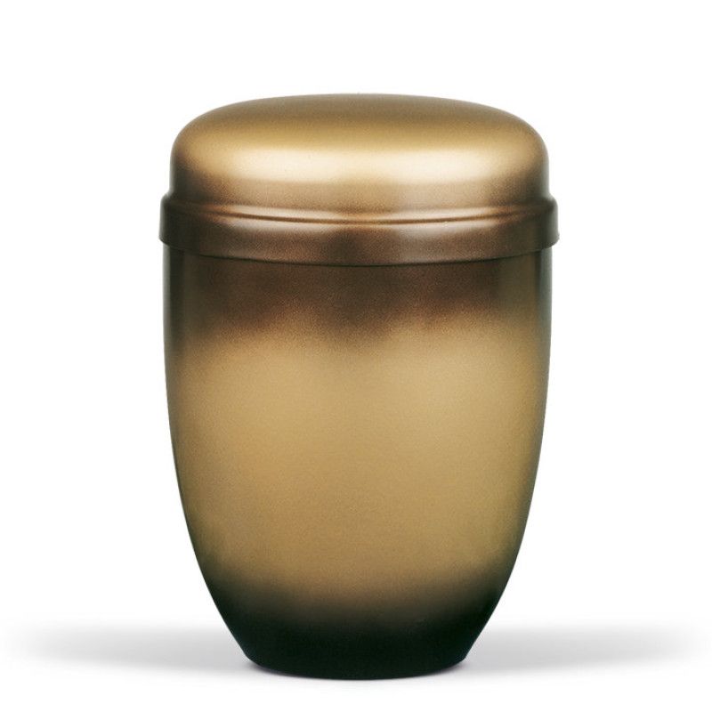 Stahlurne in patiniertem Messing mit ovaler Form und einem leicht gewölbten Deckel, in goldbrauner Farbgebung und mattem Finish, Gesamtansicht.
