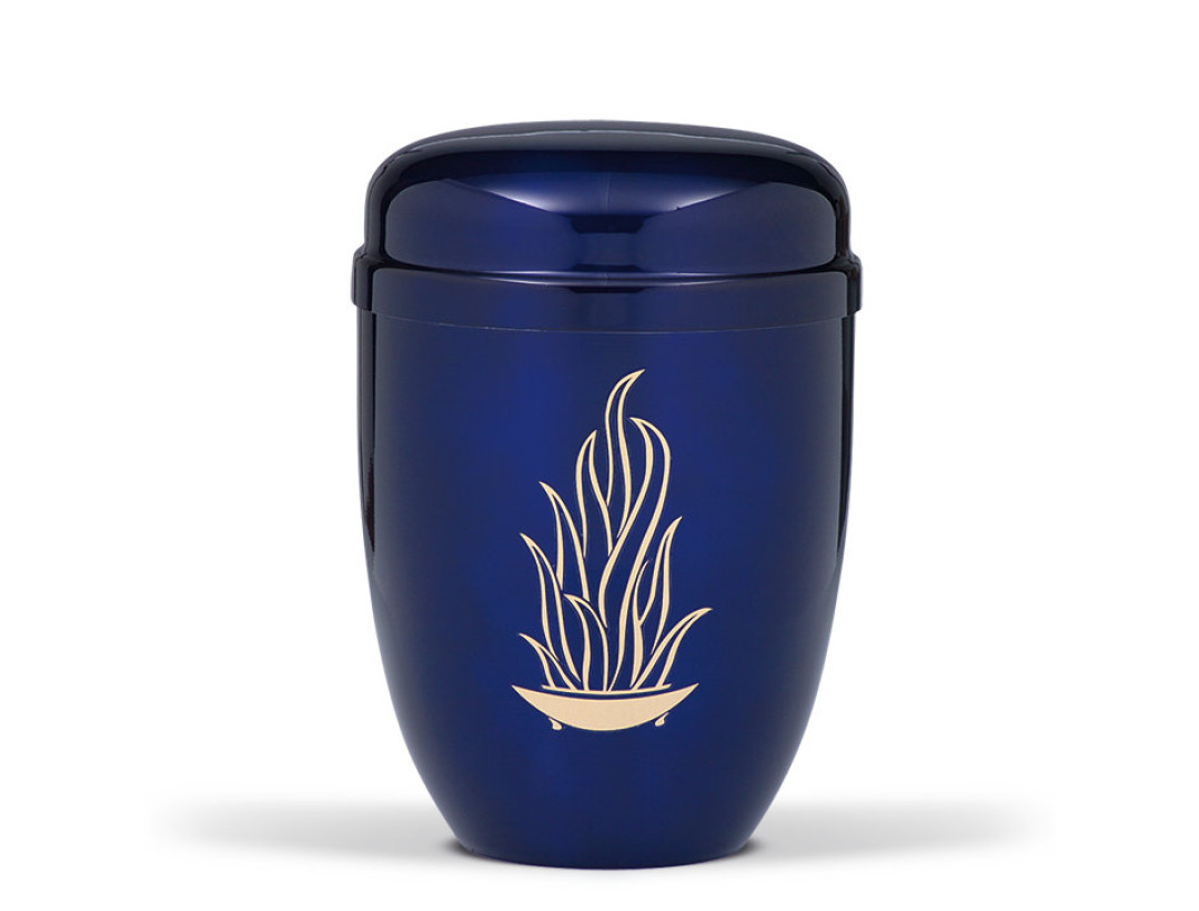 Stahlurne, Kobalt Blau, Goldflamme