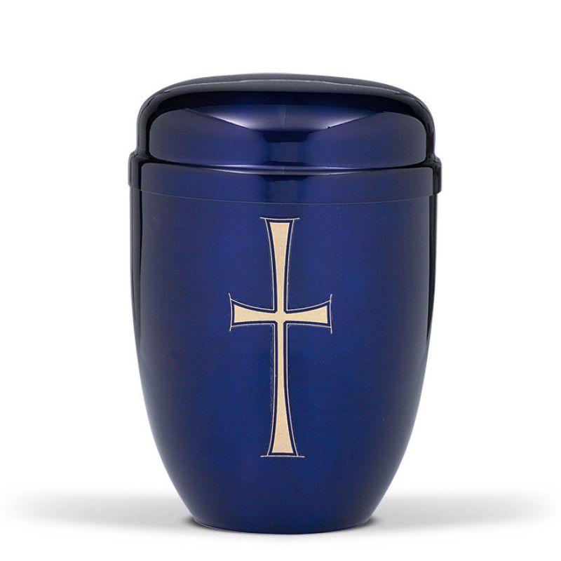 Stahlurne in Kobalt Blau mit goldfarbenem Kreuz, runde Form und glänzende Oberfläche, Gesamtansicht.
