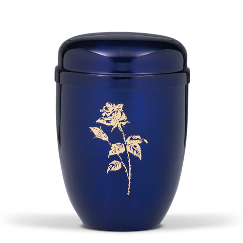 Stahlurne in Kobalt Blau mit goldfarbener Rosenmotiv, ovaler Form und abnehmbarem Deckel, Gesamtansicht des Produkts.