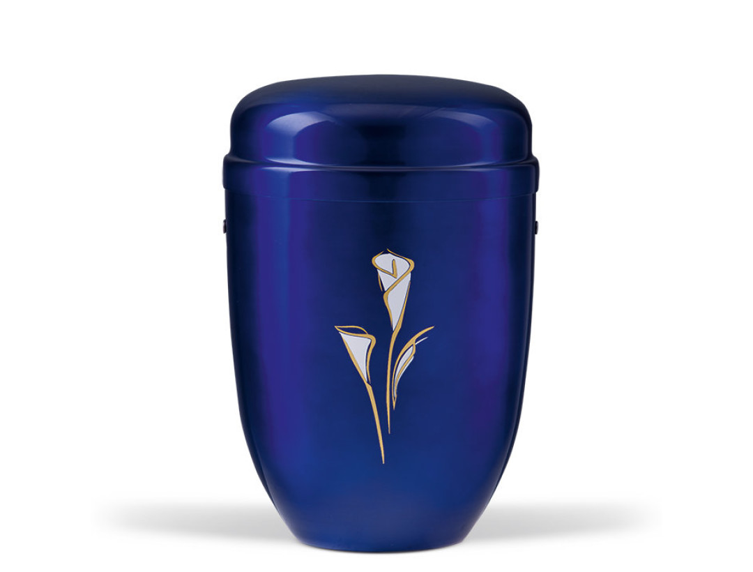 Stahlurne, Kobalt Blau, Dekor Calla