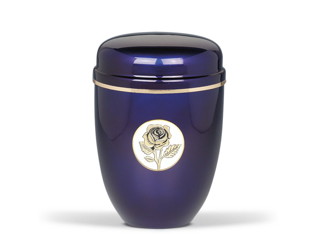 Stahlurne, Kobalt Blau, Goldband ART Design Rosenemblem