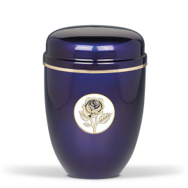 Stahlurne, Kobalt Blau, Goldband ART Design Rosenemblem