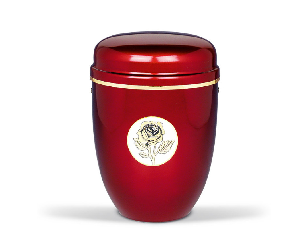 Stahlurne, Weinrot, ART Design Rosenemblem, Goldband