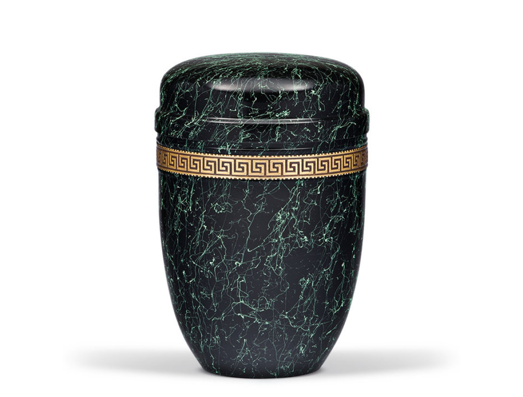 Stahlurne, Grün patiniert Mäanderdekor