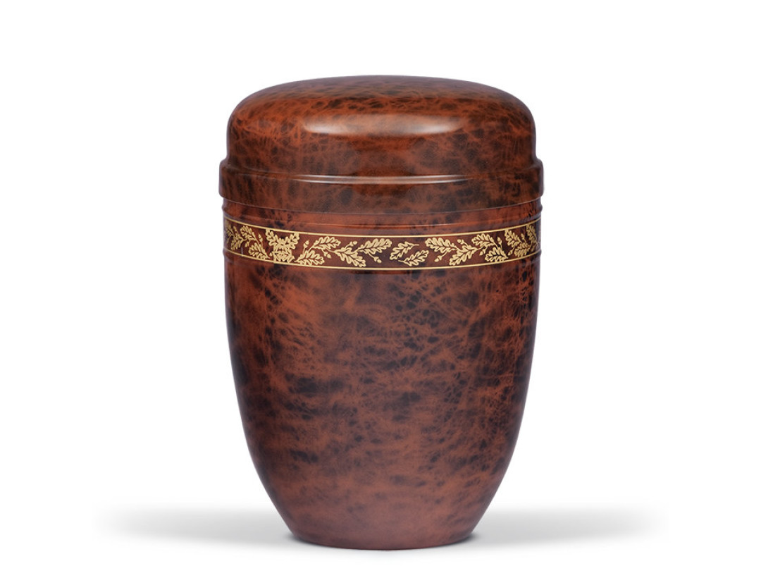 Stahlurne, Wurzelholzdesign Eichenlaubdekor