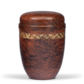 Stahlurne, Wurzelholzdesign Eichenlaubdekor