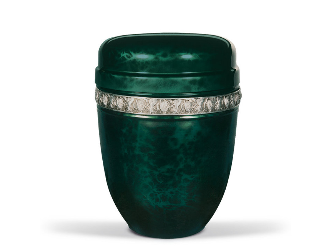 Stahlurne, Moosgrün, Wurzelholz- design, Altsilber Rosenband