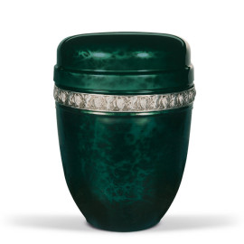 Stahlurne, Moosgrün, Wurzelholz- design, Altsilber Rosenband