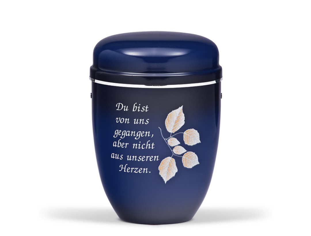 Stahlurne, Blau, Schwarz patiniert ART Design Blätter, Silberband und Text 2 in silber