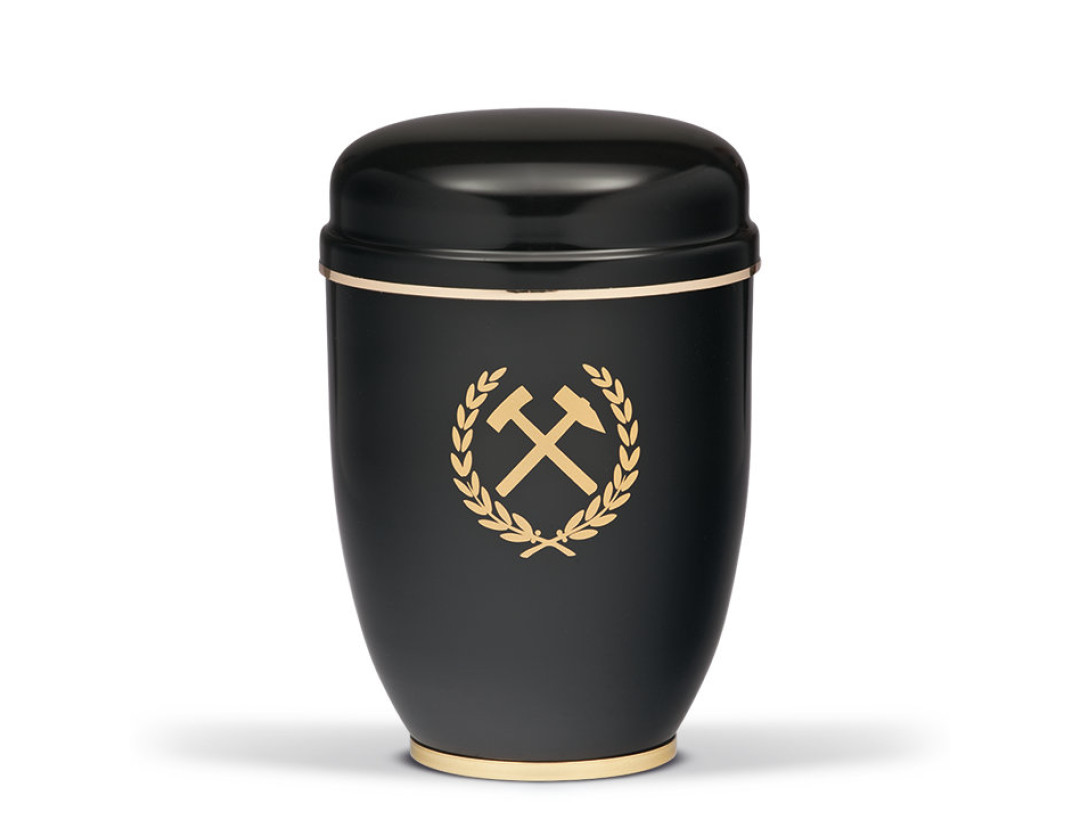 Stahlurne, Schwarz, Fuß Mess. pol. Bergmannsmotiv m. Kranz, Goldband