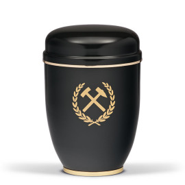 Stahlurne, Schwarz, Fuß Mess. pol. Bergmannsmotiv m. Kranz, Goldband