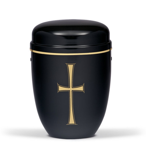 Die schwarze Stahlurne hat eine glänzende Oberfläche und ist mit einem goldenen Kreuz sowie einem goldenen Band verziert, Gesamtansicht.