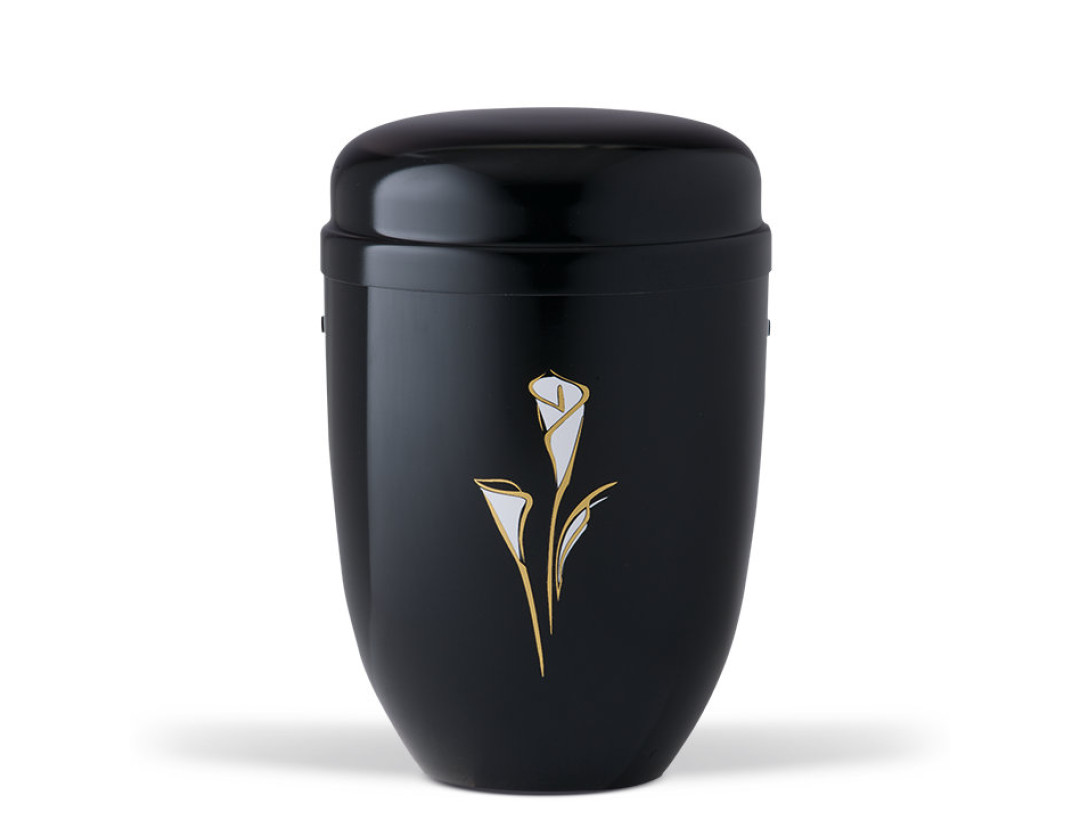 Stahlurne, Schwarz, Dekor: Calla gold/weiß