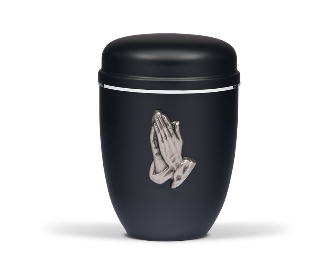 Stahlurne, Schwarz Matt, zinnf.. Betende Hände, Silberband